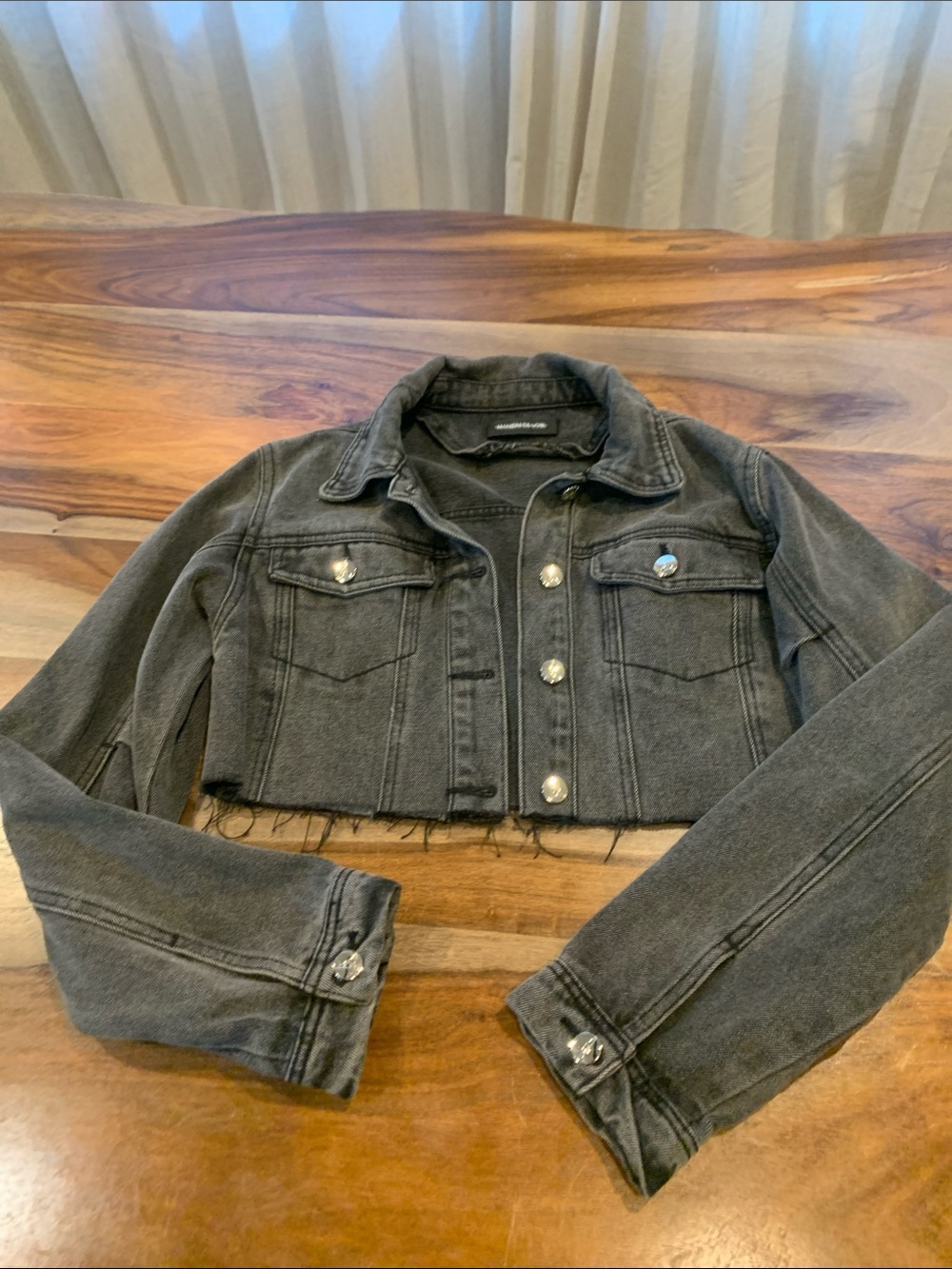 Manière De Voir Cropped Distressed Denim Jacket in Charcoal Gray